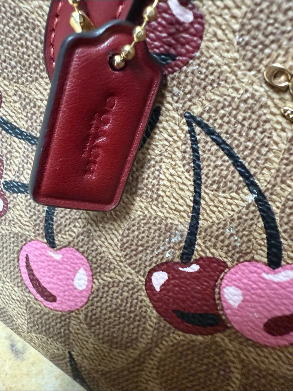 Coach Cherry Print Mini Tote in Pink and Brown - Picture 3 of 8